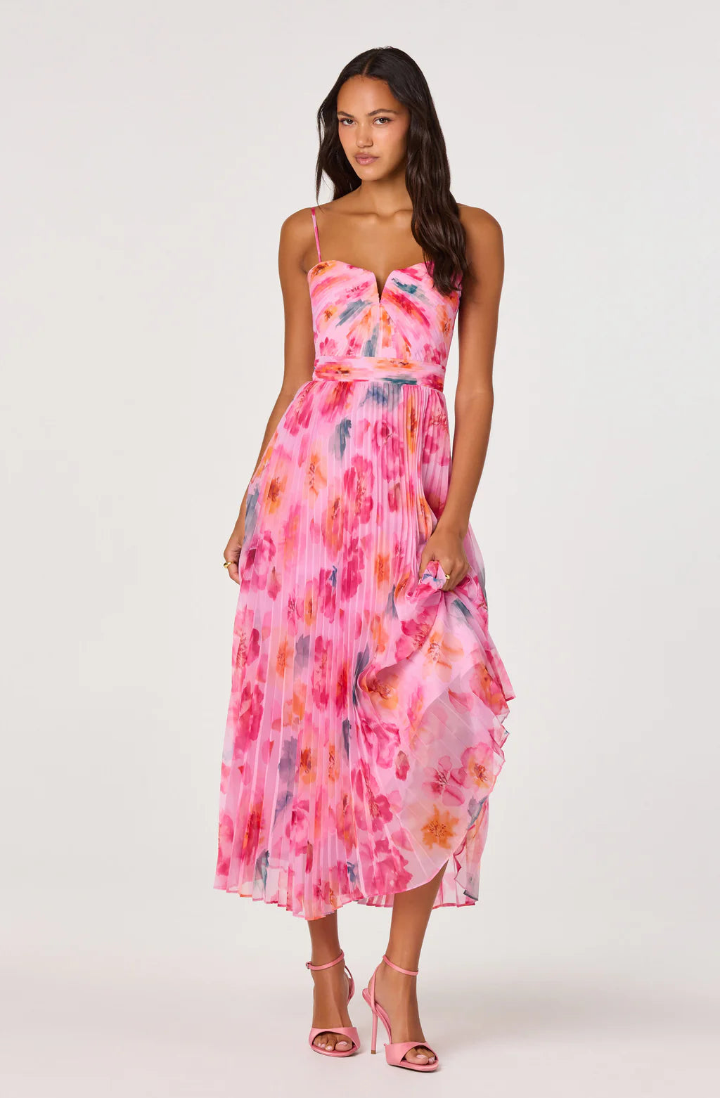 floral pleated maxi dress Bayley – Flock silhouette:Sheath/Column and padded cups with Color:Light Sky Blue Linen Dress With Belt