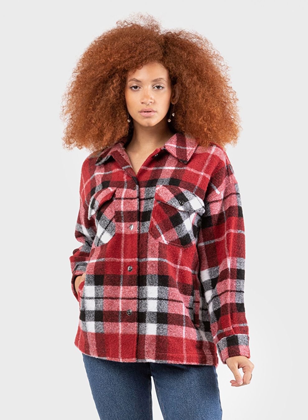 Red Button Front Plaid Overshirt