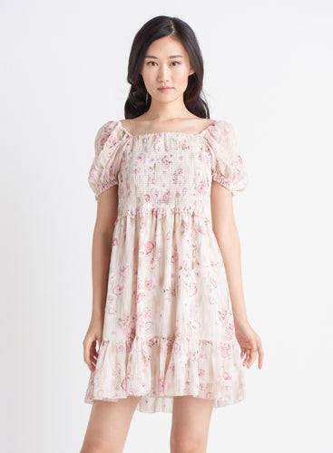 Cream Floral Tiered Mini Dress
